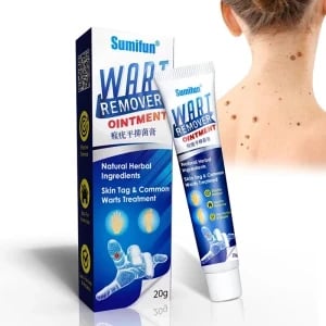 صورة كريم Wart Remover Ointment لعلاج الثآليل والزوائد الجلدية، يحتوي على مكونات عشبية طبيعية، يظهر الأنبوب بجانب العبوة وخلفية توضح نتائج الاستخدام على البشرة